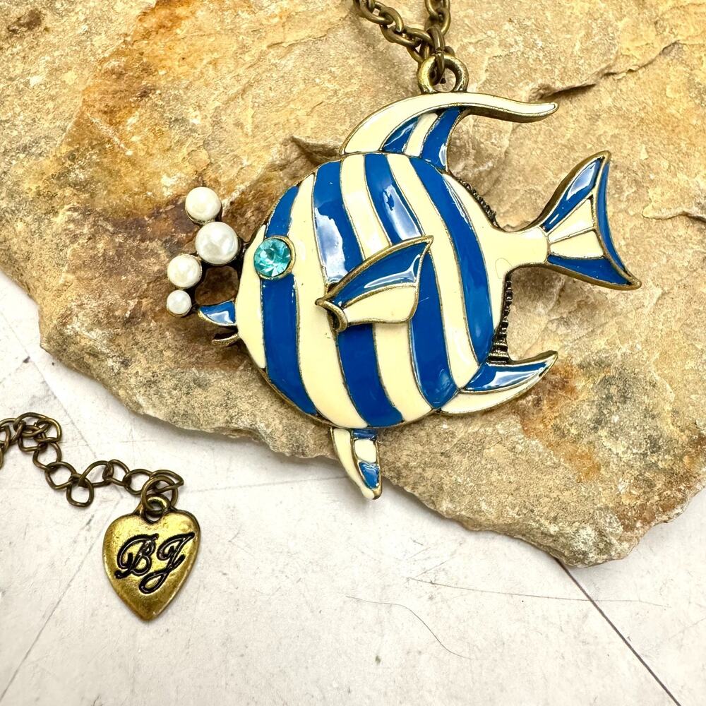 Betsey Johnson Fish Necklace Brooch Blue White Striped Tropical Pearl Bubbles